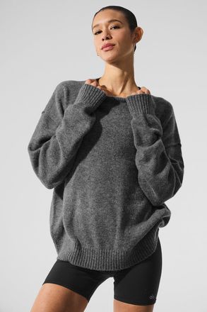 Alo | Wool Cashmere New Class Crewneck Sweater Top in Platinum Grey, Size: Medium