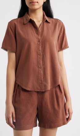 Cloth & Stone Picot Trim Short Sleeve Button-Up Shirt in Sunrise Mocha at Nordstrom, Size X-Large