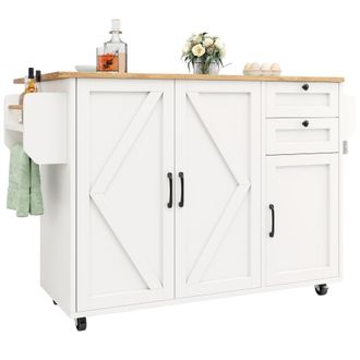 Urban Meuble Isla de cocina blanca y efecto madera con ruedas 120x43,2 cm