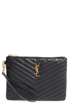Saint Laurent Small Monogram Print Leather Wristlet in Noir at Nordstrom