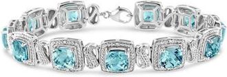 House of Brilliance 925 Sterling Silver 7x7 mm Cushion Cut Blue Topaz and 1/10 Ctw Single Cut Diamond Square Shape Tennis Bracelet at Nordstrom