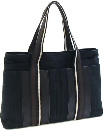 Herm&egrave;s Troca Horizontal Black Canvas Leather Tote Bag (Pre-Owned)