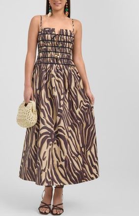 Rachel Roy Zerra Smocked Corset Maxi Dress in Brown Abstract at Nordstrom, Size 10