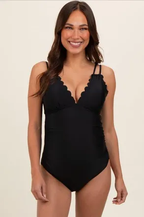 Pinkblush Scalloped V-Neck Back Tie Cutout Maternity One Piece Swimsuit in Black at Nordstrom, Size X-Large