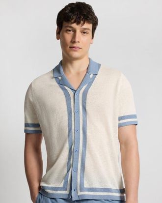 Onia Linen Knit Camp Short Sleeve Shirt in Egret/marine at Nordstrom, Size X-Large
