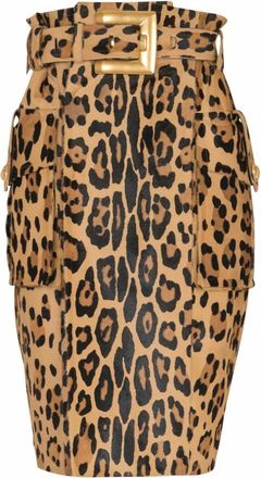 Balmain Leren midi-rok in ponyskin-stijl met luipaardprint - Dames - Leren & Su&egrave;de rokken - Bruin - M - Katoen - Rokken