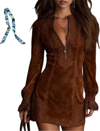 Generic Womens Suede Dress V-Neck Zip-Up Dress, Western Cowgirl Trim Long Sleeve Solid Retro Mini Dresses, A Line Bodycon Dresses (Dark Brown,M)