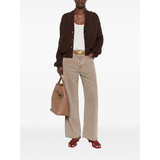 Closed Ribbed V-Neck Alpaca-Wool Blend Cardigan - Brown