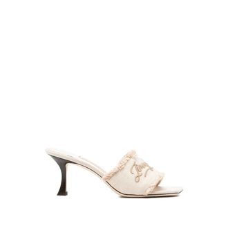 Jimmy Choo London Heeled Mules, female, Beige, Size: 8 1/2 US Embroidery Fringed Trim Square Toe Heeled Mule