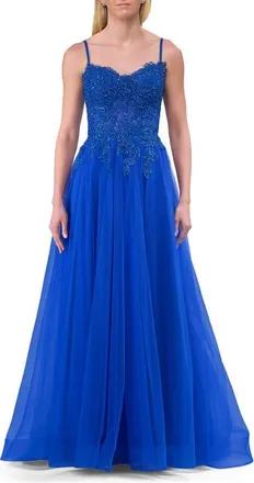La Femme Lace and Tulle A-line Prom Dress with High Slit in Royal Blue at Nordstrom, Size 12