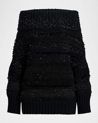 Ralph Lauren Collection Embellished Texture Knit Off-The-Shoulder Sweater