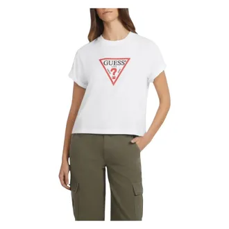 Guess T-Shirts, female, White, Size: XS Cotton Boxy Tee with Red Triangle Logo