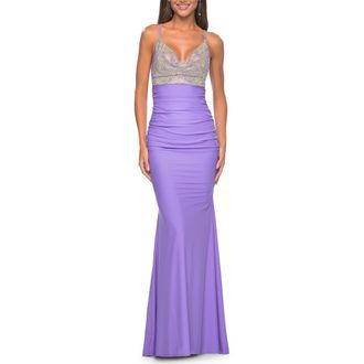 La Femme Neon Ruched Jersey Dress with Rhinestone Mesh Draped Top in Periwinkle at Nordstrom, Size 10