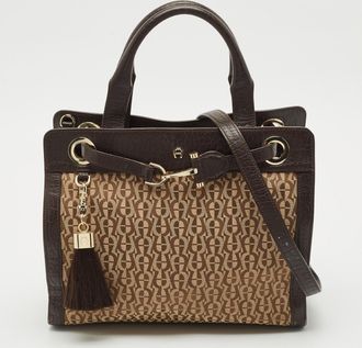 Aigner Brown/beige Signature Canvas And Leather Cavallina Tote