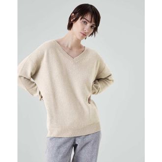 Brunello Cucinelli WomenS Light Brown Wool Silk V Neck Sweater, Size S