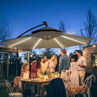 OUTSUNNY 3(m) Cantilever Parasol Hanging Banana Umbrella w/ lights in Light Grey