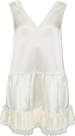 Ganni Satijnen jurk met kanten inzetstukken - Dames - Korte kleedjes - Beige - M - Satijn - Kleedjes