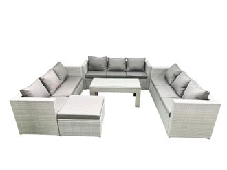 Fimous Rattan Garden Outdoor Furniture Set 10 Seater Garden Sofa Oblong Coffee Table Set with Big Footstool Light Grey Mixed
