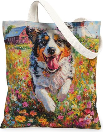 Generic Spring Australian Shepherd Dog Canvas Tote Bag for Shopping 13x15, Country Garden Puppy Reusable Grocery Print Pattern Bag for Women, Fun Flower Pet B