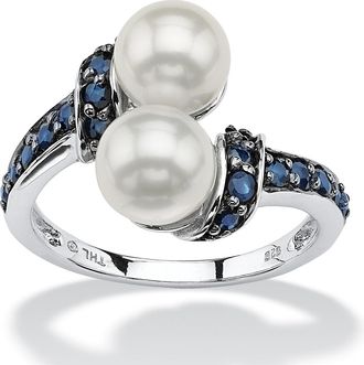 Palm Beach Jewelry 79 TCW Blue Genuine Sapphire and Freshwater Pearl Platinum-plated Silver Ring