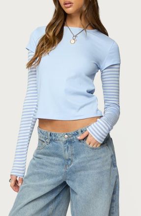Edikted Stripey Layered Crop T-Shirt in Light-Blue at Nordstrom, Size X-Large