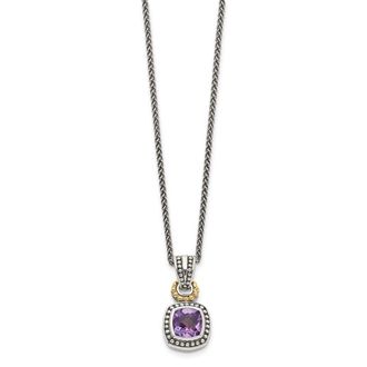 Diamond2Deal Sterling Silver with 14K Accent Cushion Bezel Amethyst Pendant Necklace