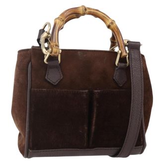 Gucci Vintage Bamboo Front Pocket Tote Suede Brown Suede Handbag (Pre-Owned)