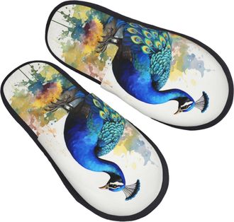 Generic Cotton Slippers Peacock Watercolor Painting With Mute Sole Sliders Anti-Skid Slippers For Hotel Big Kid Home M