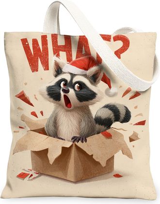 Generic Christmas Raccoon Canvas Tote Bags, Adorable Animal Print Reusable Bags, Lightweight Washable Shoulder Strap Canvas for Tra, Beige, 13x15 Inch