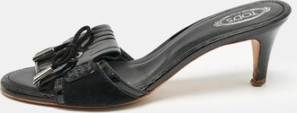 Tod's Tods Black Patent Leather Fringe Bow Slide Sandals
