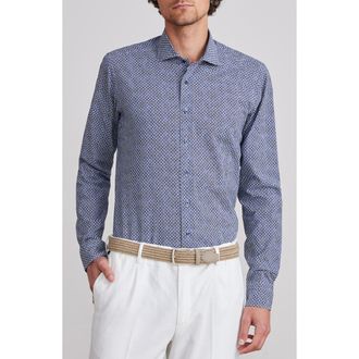 Emanuel Berg Textured Sartorial Floral Cotton Dress Shirt in Navy at Nordstrom Rack, Size X-Large