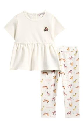Moncler Flounce Hem Knit Top & Print Leggings Set in White at Nordstrom, Size 12-18M