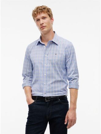 Tommy Hilfiger Mens Regular Fit TH Performance Windowpane Shirt - Wedge Blue - XXL