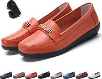 Generic Classic Womens Leather Loafers Lightweight Orthopedic Comfort Slip-On, Non-Slip Wedge Sole Work Walking Moccasins Shoes (6.5,Orange)