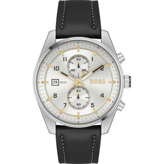 BOSS Skytraveller Chronograph Leather Strap Watch, 44mm in Silver Dial at Nordstrom Rack