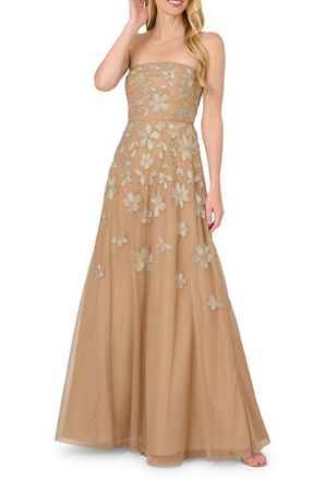 Adrianna Papell Beaded Strapless Mesh Fit & Flare Ballgown in Taupe/Pink at Nordstrom, Size 12