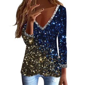 Generic Women Sequin Top Long Sleeve V Neck Glitter Top Blouse Tops Party Outfits Sparkly Sequin Tops Sparkly Jumpers Evening Tops Clubbing Tshirt Plus Size S
