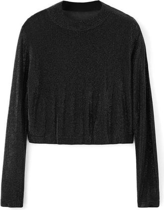 Mango x Kaia Gerber Crystal Embellished Long Sleeve Crop Top in Black at Nordstrom, Size Small