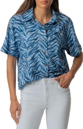 Kut from the Kloth Aida Stretch Cotton Blend Short Sleeve Button-Up Top in Wolver Hampton Navy at Nordstrom, Size X-Large