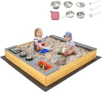 Costway Costway - Arenero Infantil De Madera, Caja De Arena Para Ni&ntilde;os Con Accesorios De Juego De Cocina Y Asiento De Banco Incorporado, Con Revestimiento Inf