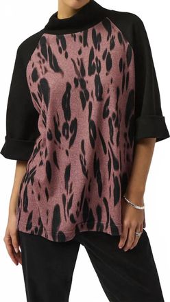 Joseph Ribkoff Animal Print Funnel Collared 3/4 Sleeves Straight Top In Pink/black