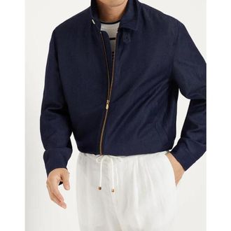 Brunello Cucinelli Navy Wool Linen Zip Jacket, Brand Size 54 (US Size 44)