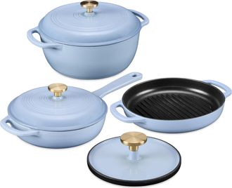 Best Choice Products 6-Piece Enameled Cast Iron Cookware Set, 6QT Dutch Oven W/ Lid, 2QT Skillet W/ Lid, Grill Pan, Grill Press