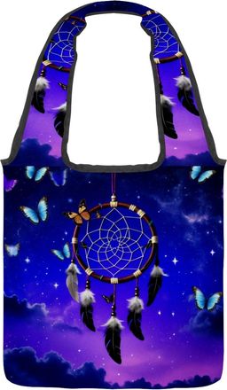 Generic Butterflies Dreamcatcher Reversible Canvas Shoulder Tote - Double-Sided Print, 12oz Cotton, 27cm Drop, Fold-Flat Bag for Travel, Shopping, Street Outi