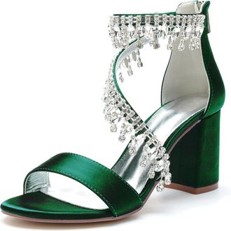 Generic Wedding Heel Sandals Womens Rhinestones Wedding Shoes Bride Chunky Heel Open Toe Bridal Shoes Party Dress High Sandals 8Cm,Blue Green,10 UK