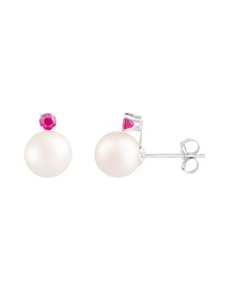 Splendid Pearls Vermeil Ruby 7-7.5Mm Pearl Earrings