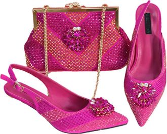 Generic Womens Luxury Rhinestone Flowers Pointed Toe Stiletto High Heel Shoes and Gold Long Chain Shoulder Strap Bags