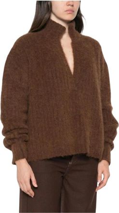 Uma Wang Mohair Blend V-Neck Pullover Sweater - Dames - V-hals truien - Bruin - L - Wol - Truien & Vesten