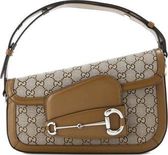 Gucci Horsebit 1955 Asymmetric GG Canvas with Leather Small shoulder bag - Bruin