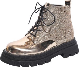 Generic Lace Up Boots Women Glitter Sequin Biker Boot Patent Leather Round Toe Low Chunky Low Heel Comfortable Sparkly Ankle Boots Party